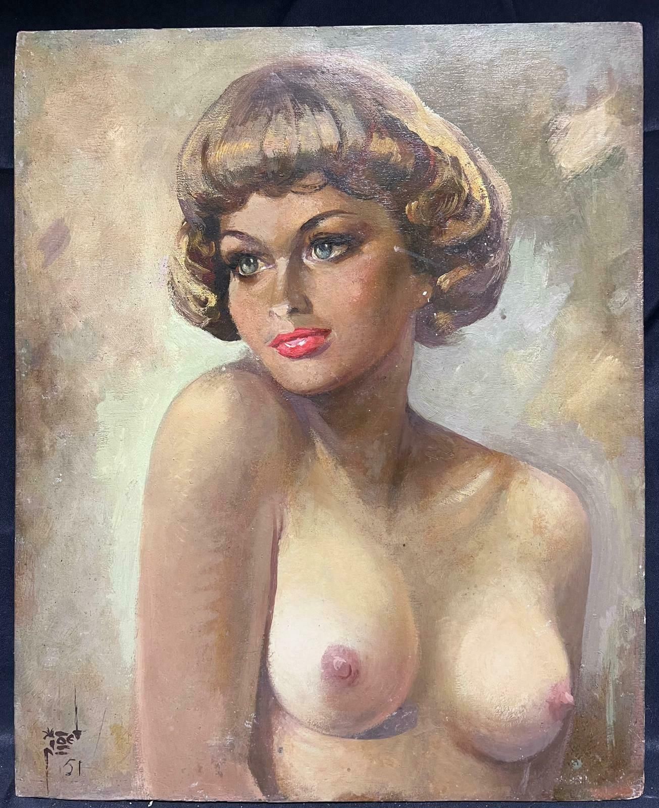 1950's French Large French Signed Oil Portrait Of Nude Lady Signed & Dated 1950's Mid Century1950's photo furniture