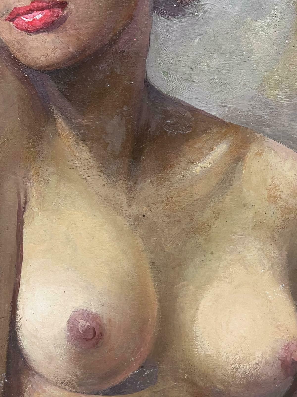 1950's French Large French Signed Oil Portrait Of Nude Lady Signed & Dated 1950's Mid Century1950's photo vinterior