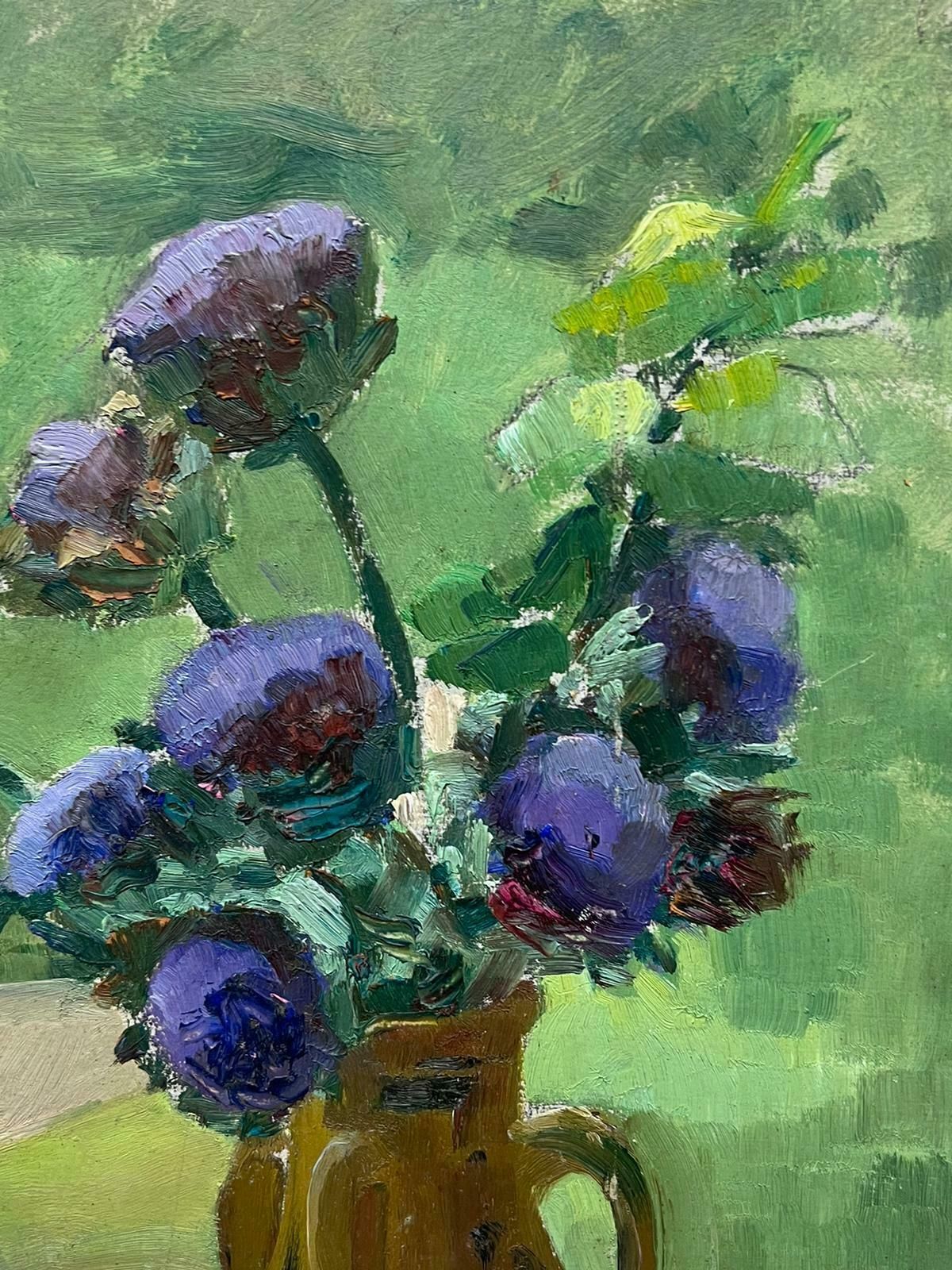 Louise Alixfrench Impressionist Still Life Purple Anemone's In Brown Vase1940's photo 610.0