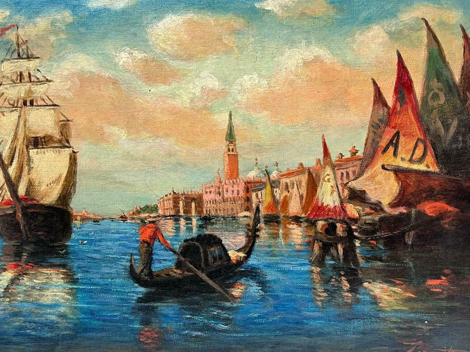 Italian Antiquethe Grand Canal Venice Antique 1910 Signed Oil Painting On Canvas Many Boats1910 photo Art