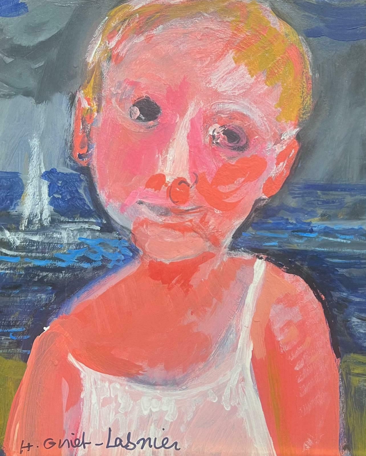 Huguette Ginet Lasnier French Modernist Signed Oil Portrait Of Child On Beach With Sea & Boatc. 2000's