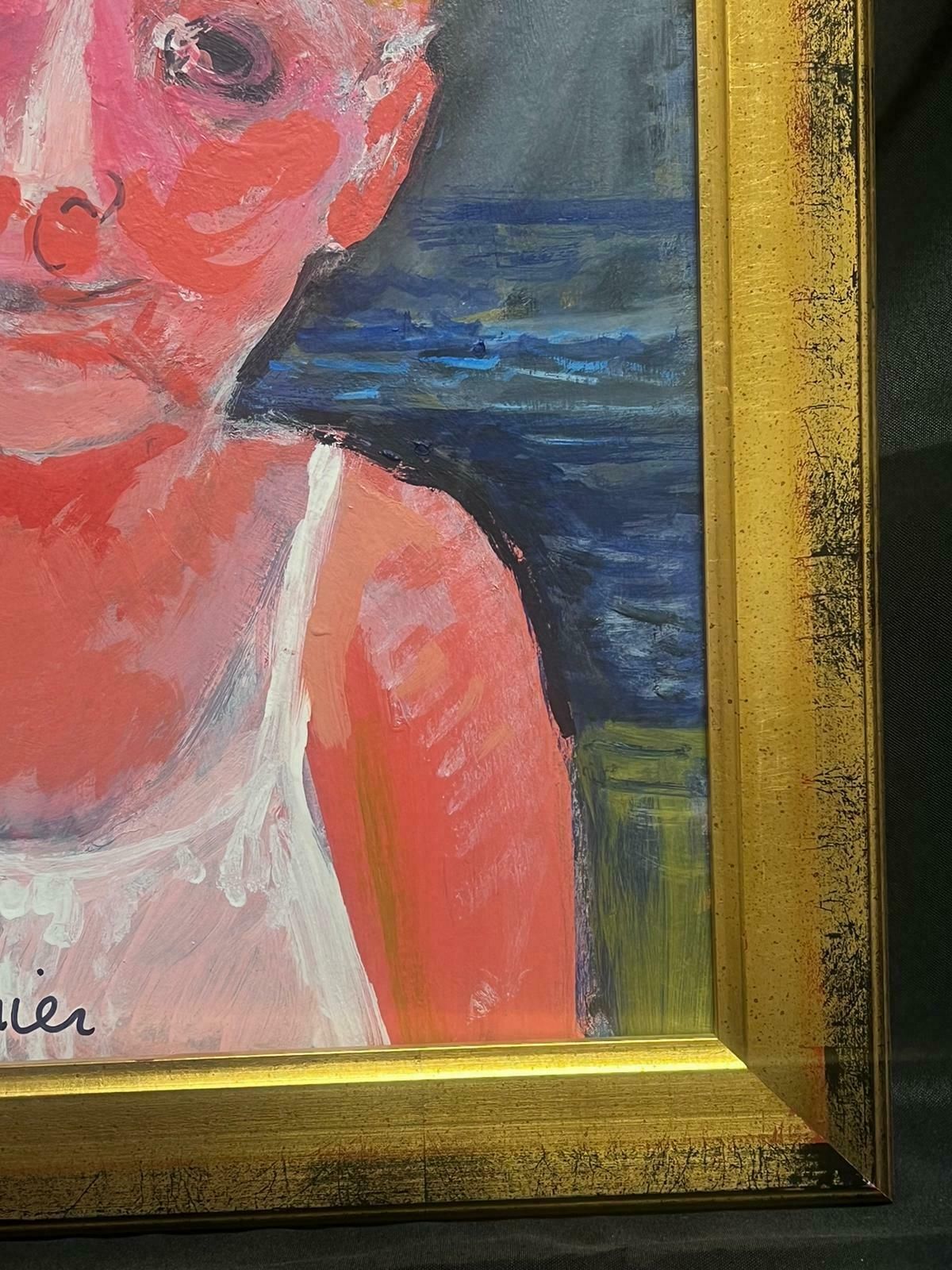 Huguette Ginet Lasnier French Modernist Signed Oil Portrait Of Child On Beach With Sea & Boatc. 2000's photo Art