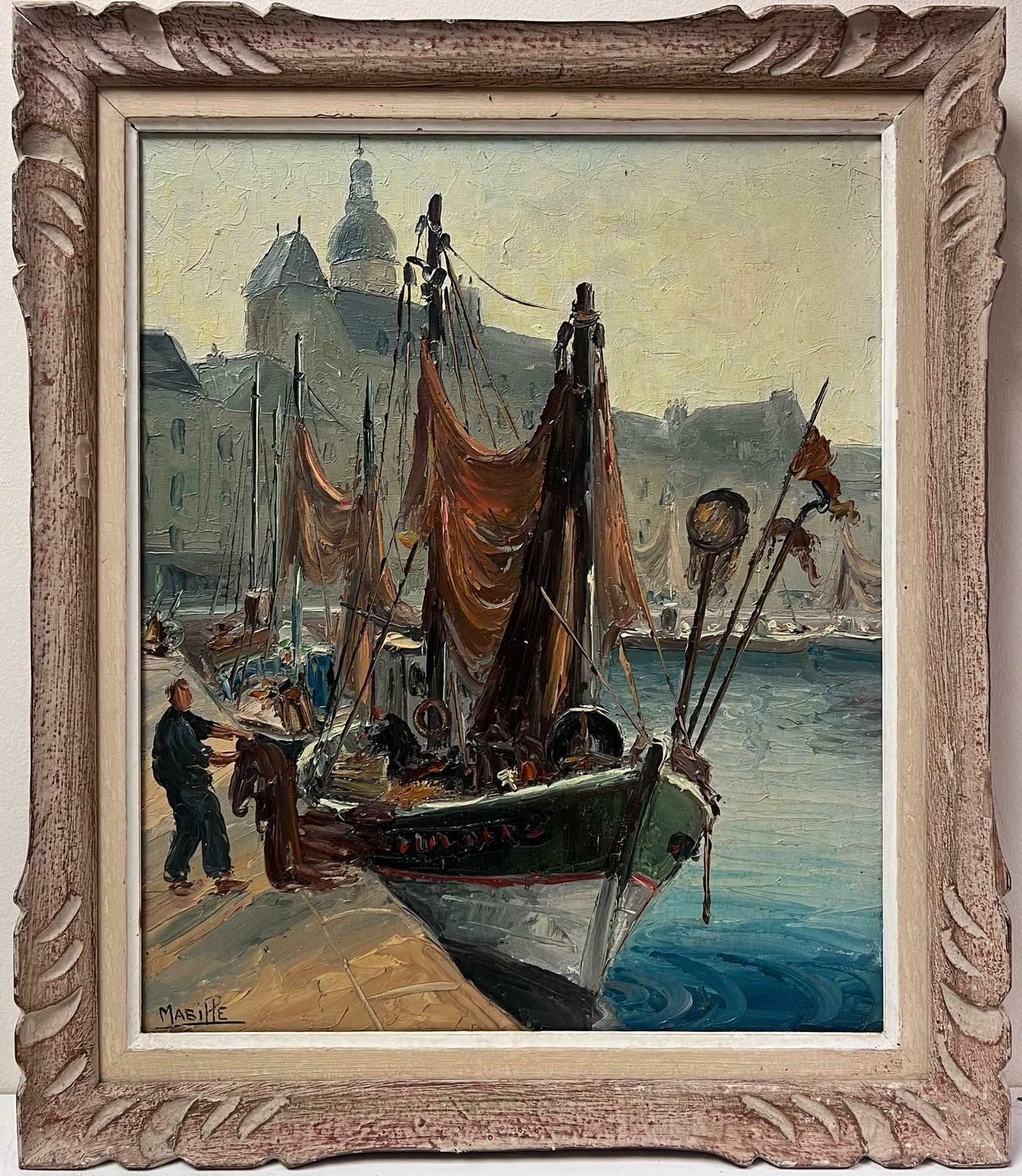 French School1950's French Mid Century Signed Oil Fishermen South Of France Habour With Boats