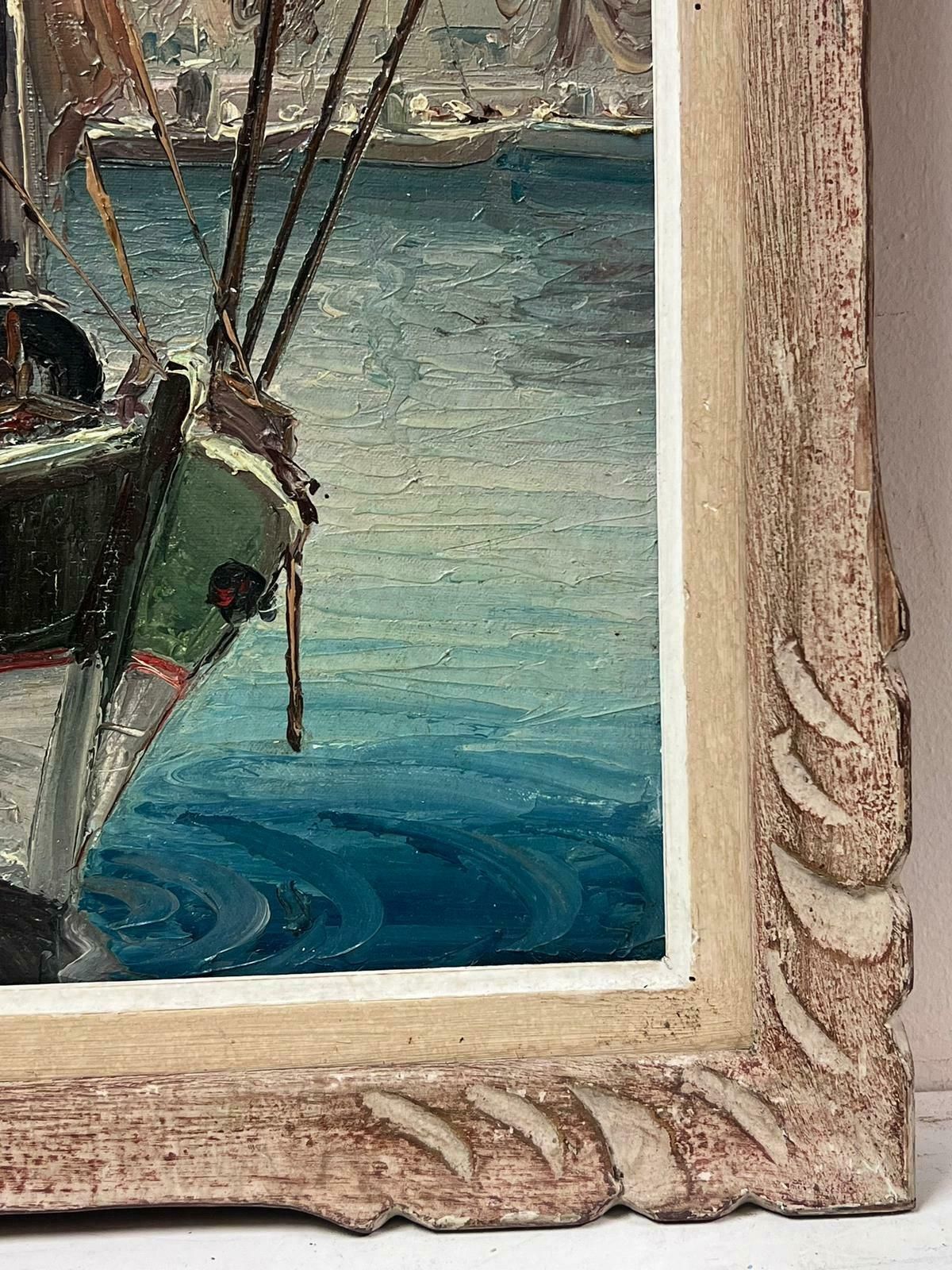 French School1950's French Mid Century Signed Oil Fishermen South Of France Habour With Boats photo 1323.0