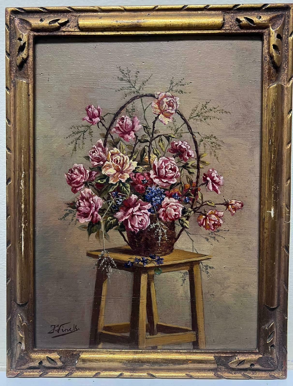 Joseph Vinckvintage French Signed Oil Roses In Basket On Wooden Stool Gilt Framed