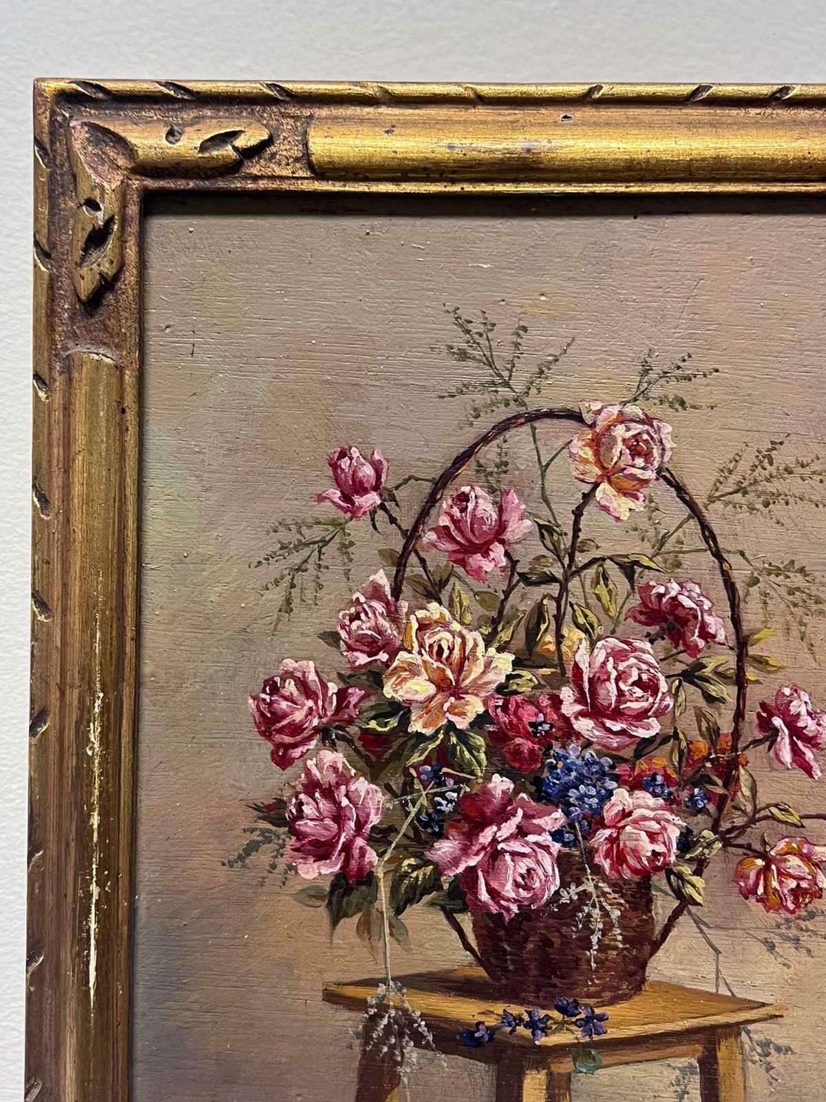 Joseph Vinckvintage French Signed Oil Roses In Basket On Wooden Stool Gilt Framed photo for sale