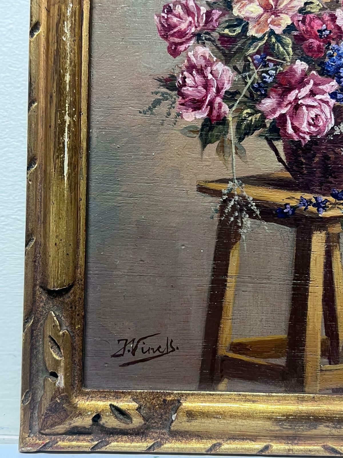 Joseph Vinckvintage French Signed Oil Roses In Basket On Wooden Stool Gilt Framed photo Art