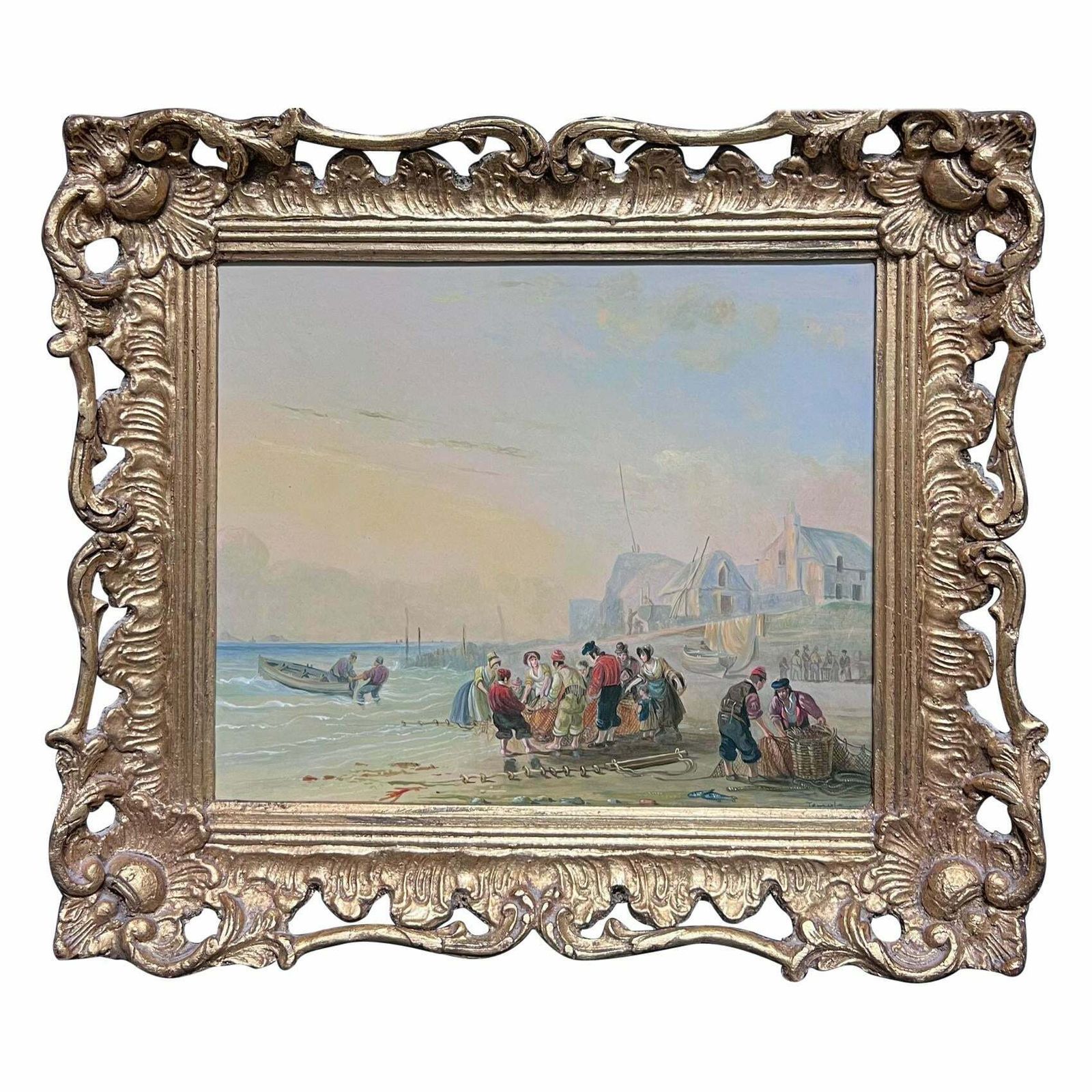 Richard Templetraditional English Oil Painting Fisherfolk Tending Nets On Crowded Beach Coast