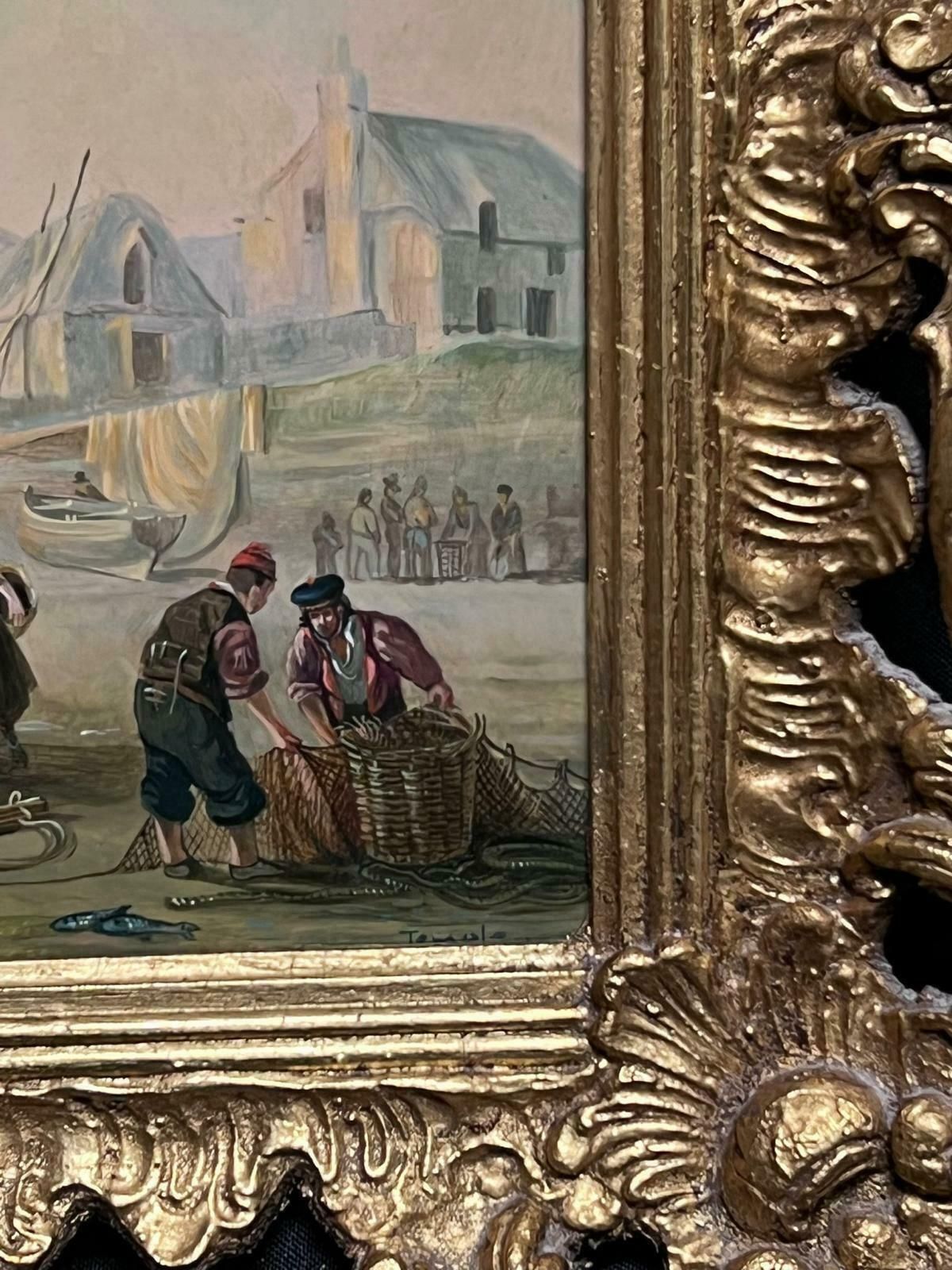 Richard Templetraditional English Oil Painting Fisherfolk Tending Nets On Crowded Beach Coast photo Art