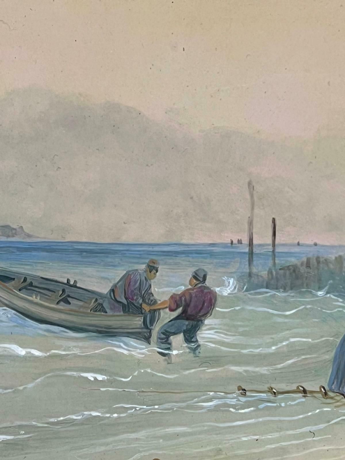 Richard Templetraditional English Oil Painting Fisherfolk Tending Nets On Crowded Beach Coast photo buy