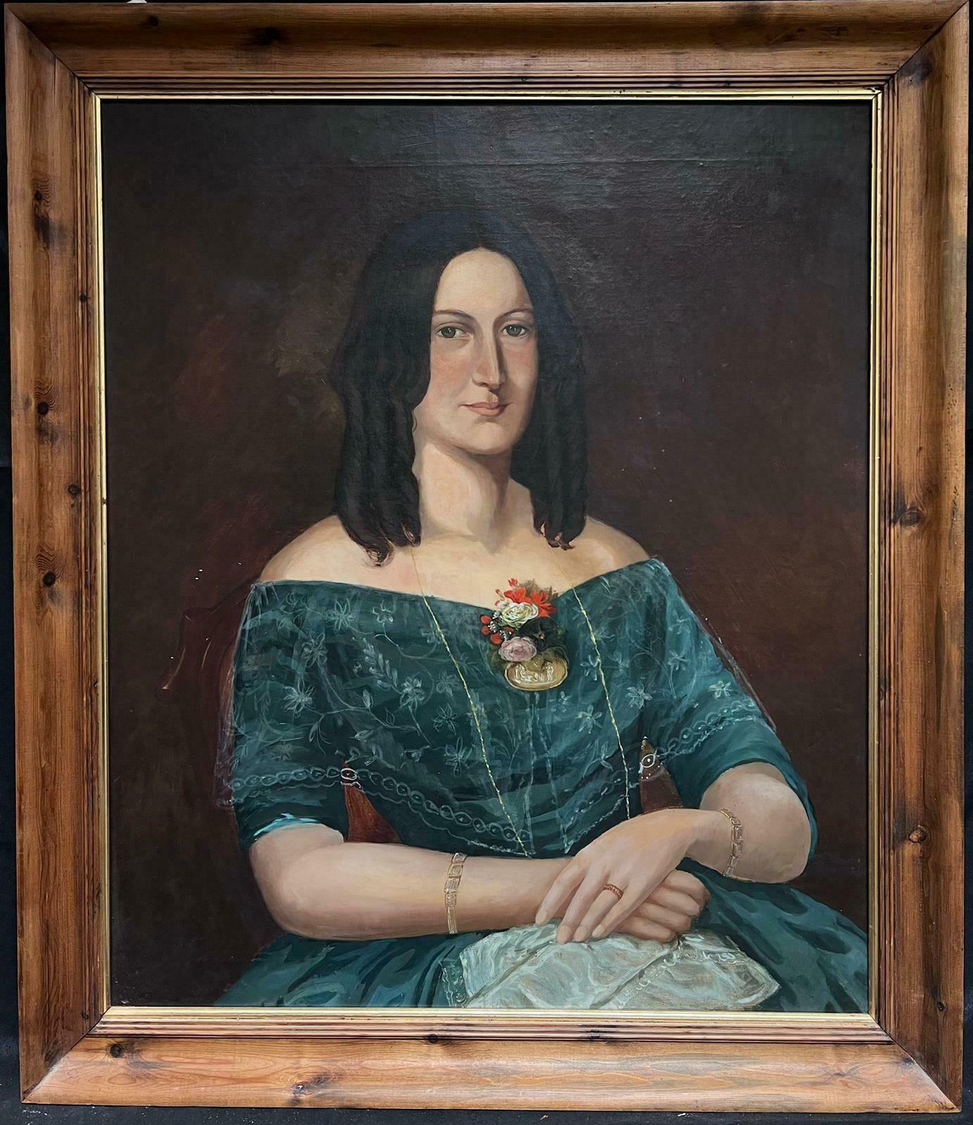 French Schoollarge 19th Century French Portrait Of Lady With Roses & Smart Dress Oil Painting