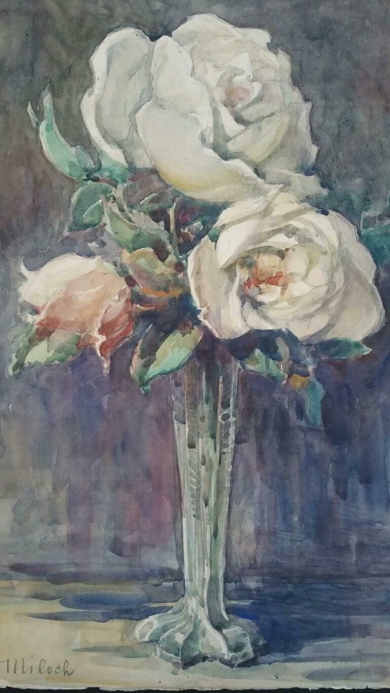 Henri Milochfrench Watercolour Ecole De Paris Mid 20th Century Roses 1940's