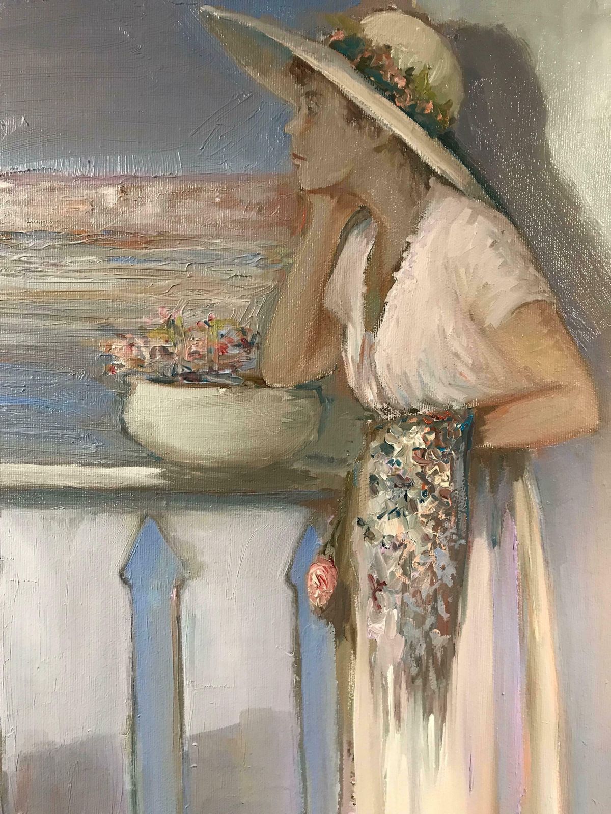 Innocenzo Melanilady On Venetian Balcony Signed Impressionist Oil Paintingc.1970's photo Art