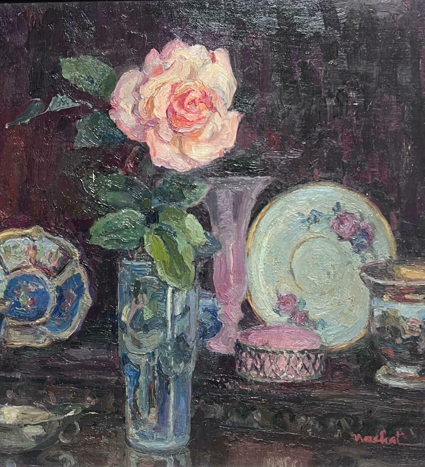 French Schoolpink Rose In Vase Signed French Impressionist Interior Scene Oil Painting