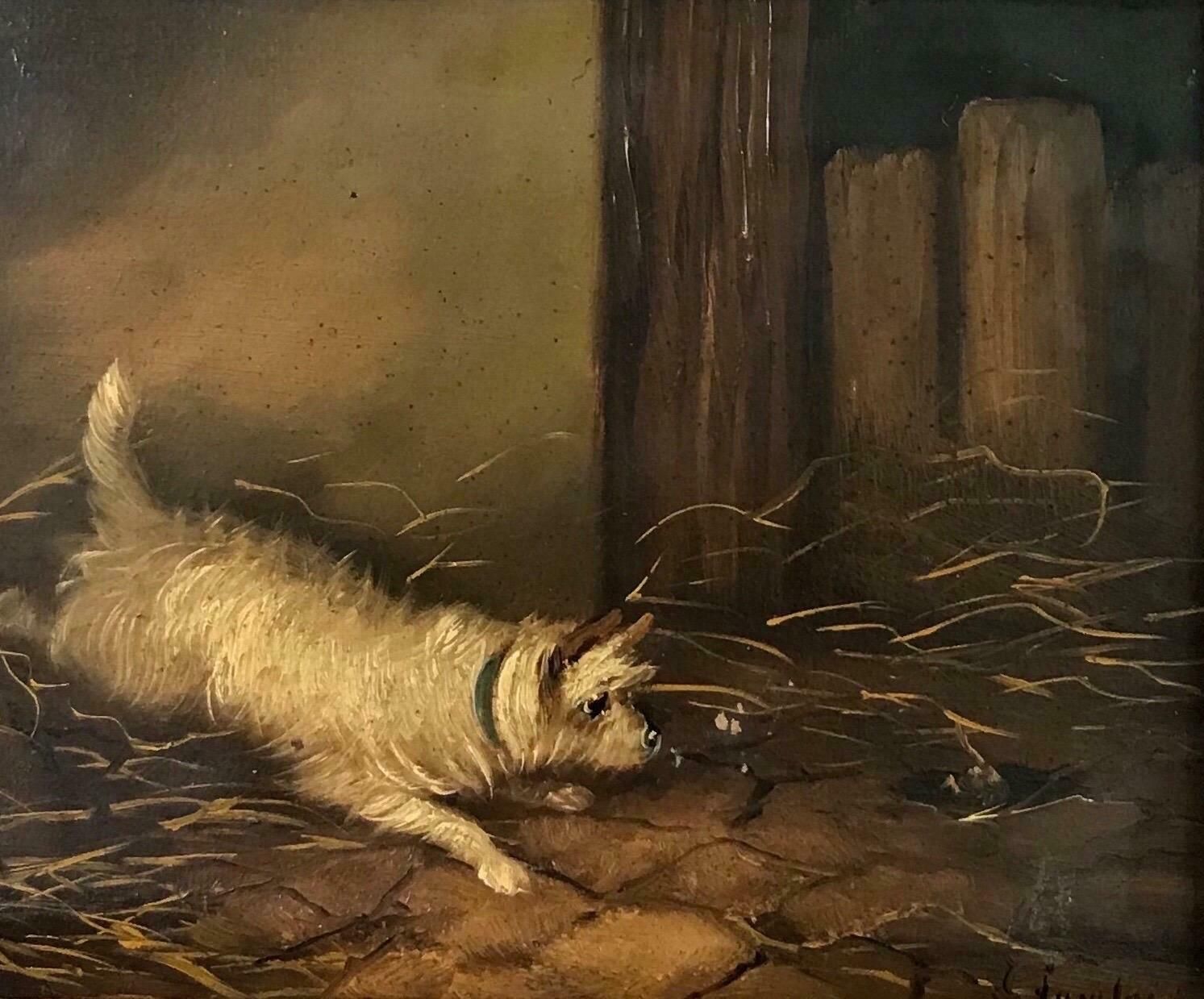 J. Langloisfine British Victorian Dog Oil Painting Terrier In Barn By Mousehole, 19th C19th Century