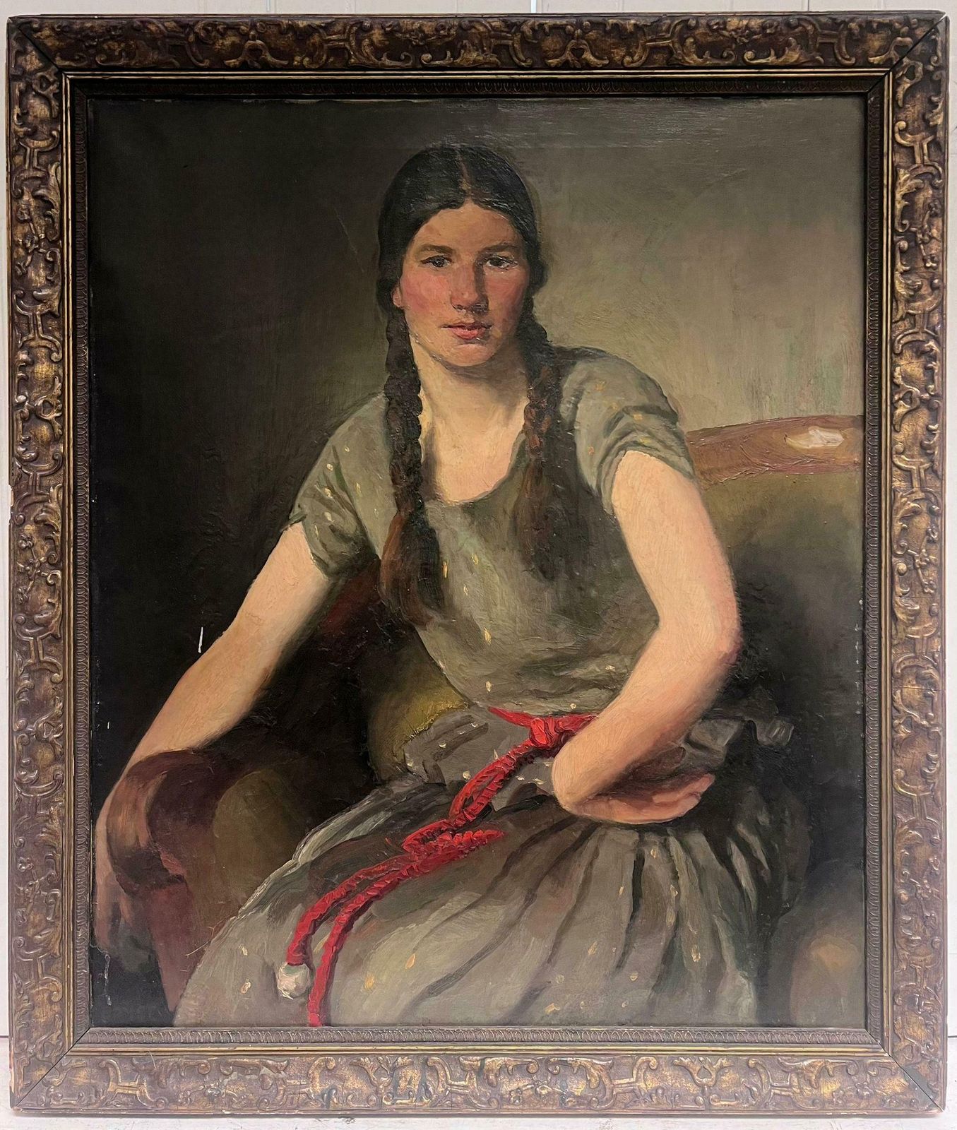 European Late 19thchuge Antique European Portrait Of Girl With Plaits In Hair Oil On Canvas photo furniture