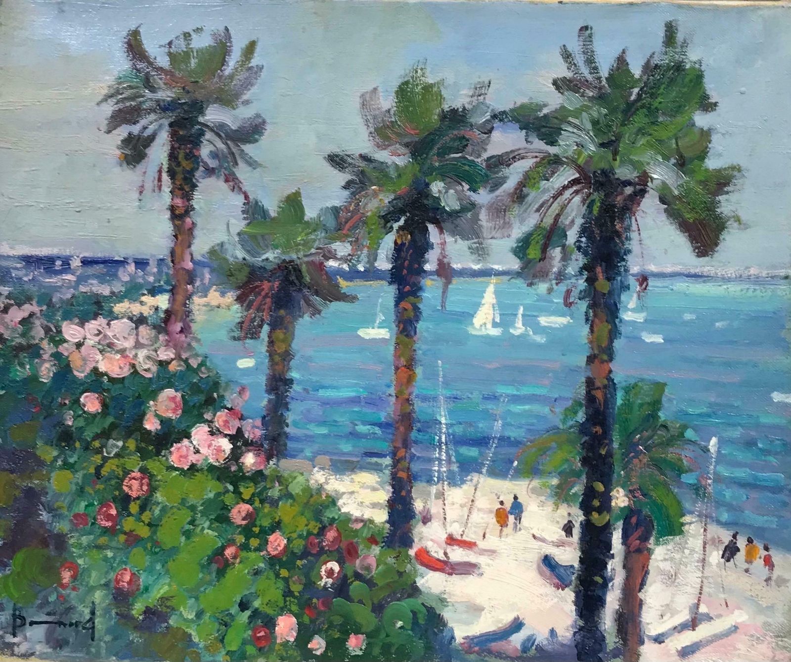 Guy Benardfine French Impressionist Signed Oil Figures On Mediterranean Beach Boats At Sea