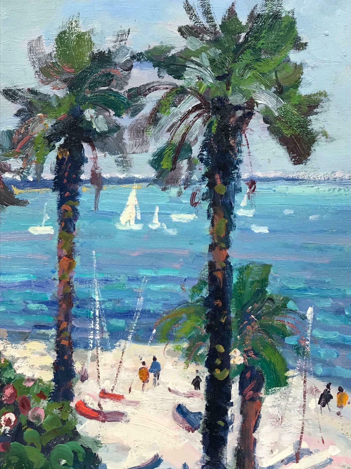 Guy Benardfine French Impressionist Signed Oil Figures On Mediterranean Beach Boats At Sea photo furniture