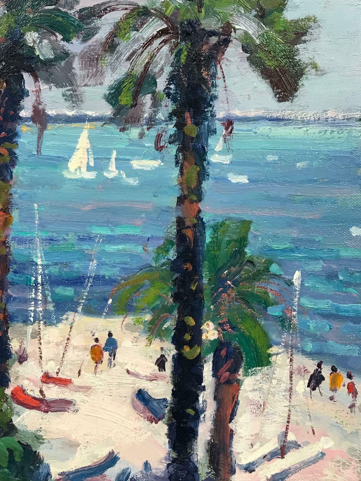 Guy Benardfine French Impressionist Signed Oil Figures On Mediterranean Beach Boats At Sea photo vinterior