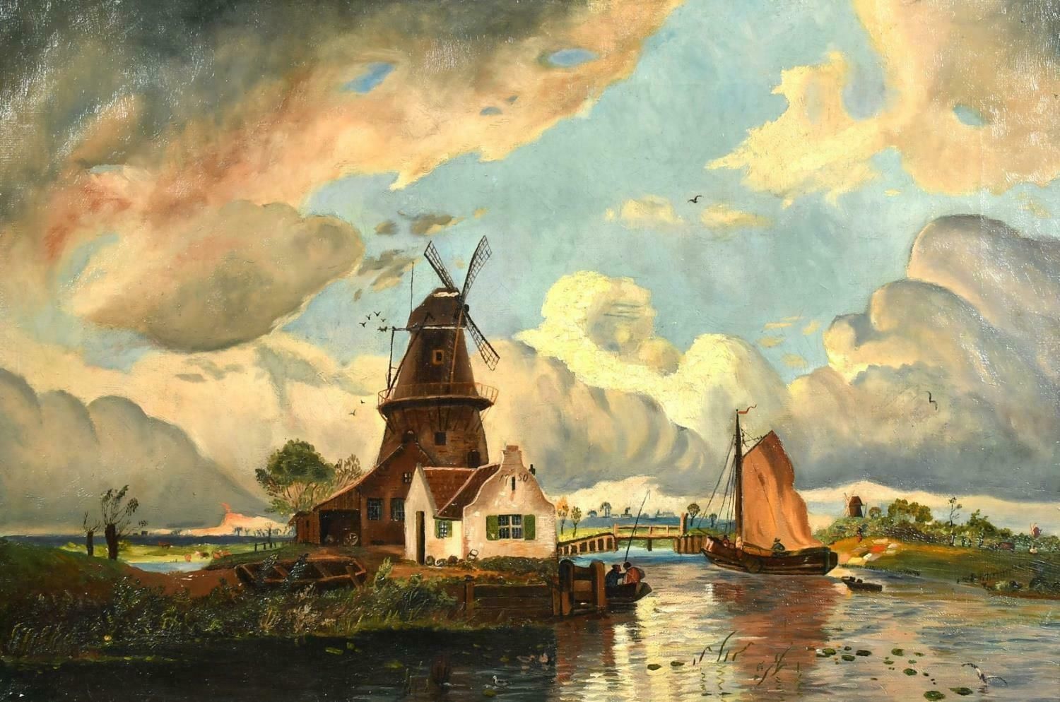 19th Centuryantique Dutch Oil Painting Windmill Under Windswept Skies Large Gilt Frame photo furniture