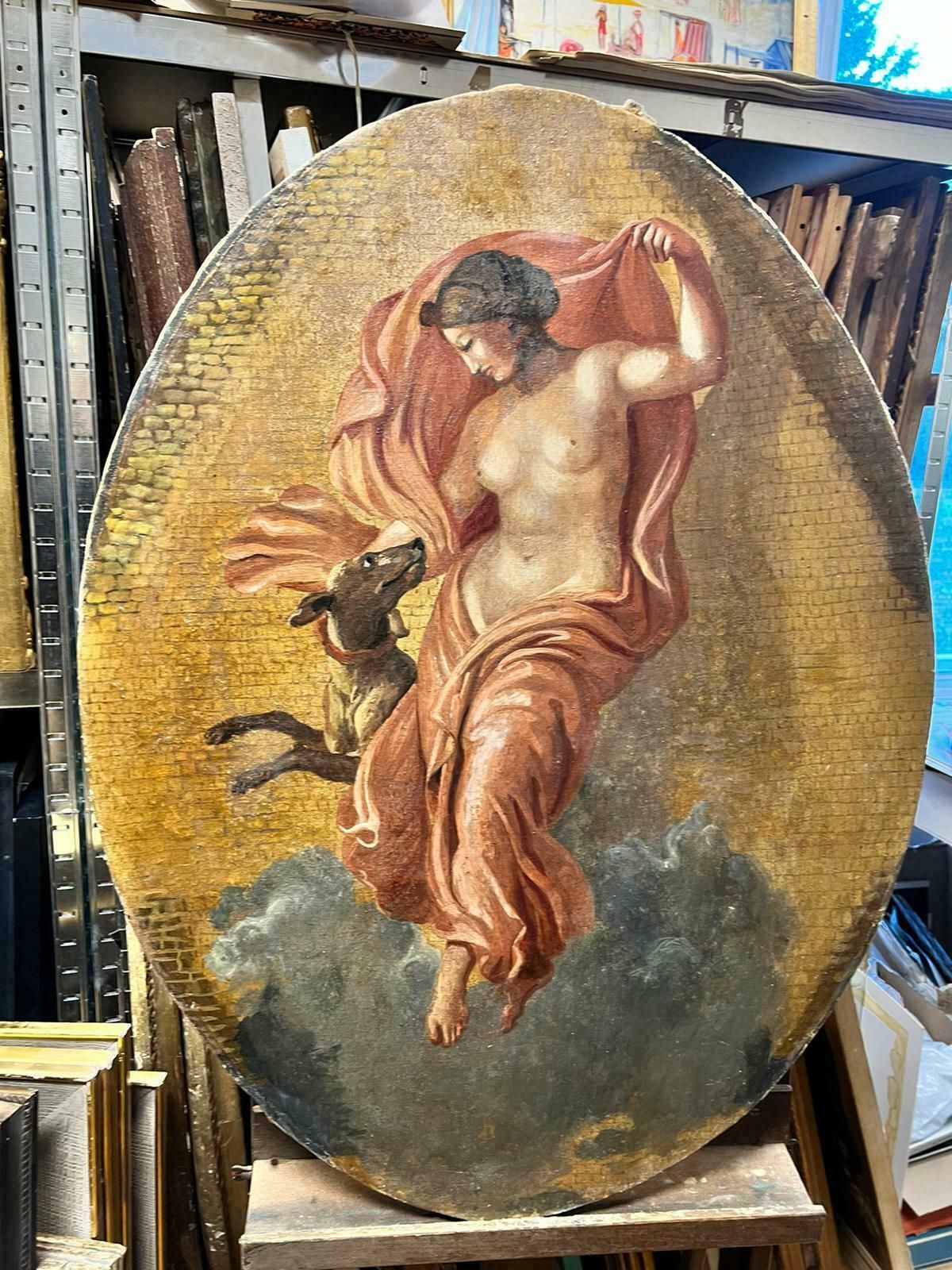 Italian 19th Cfine Antique Classical Nude Draped In Robes Dancing With Dog Gold Background photo furniture