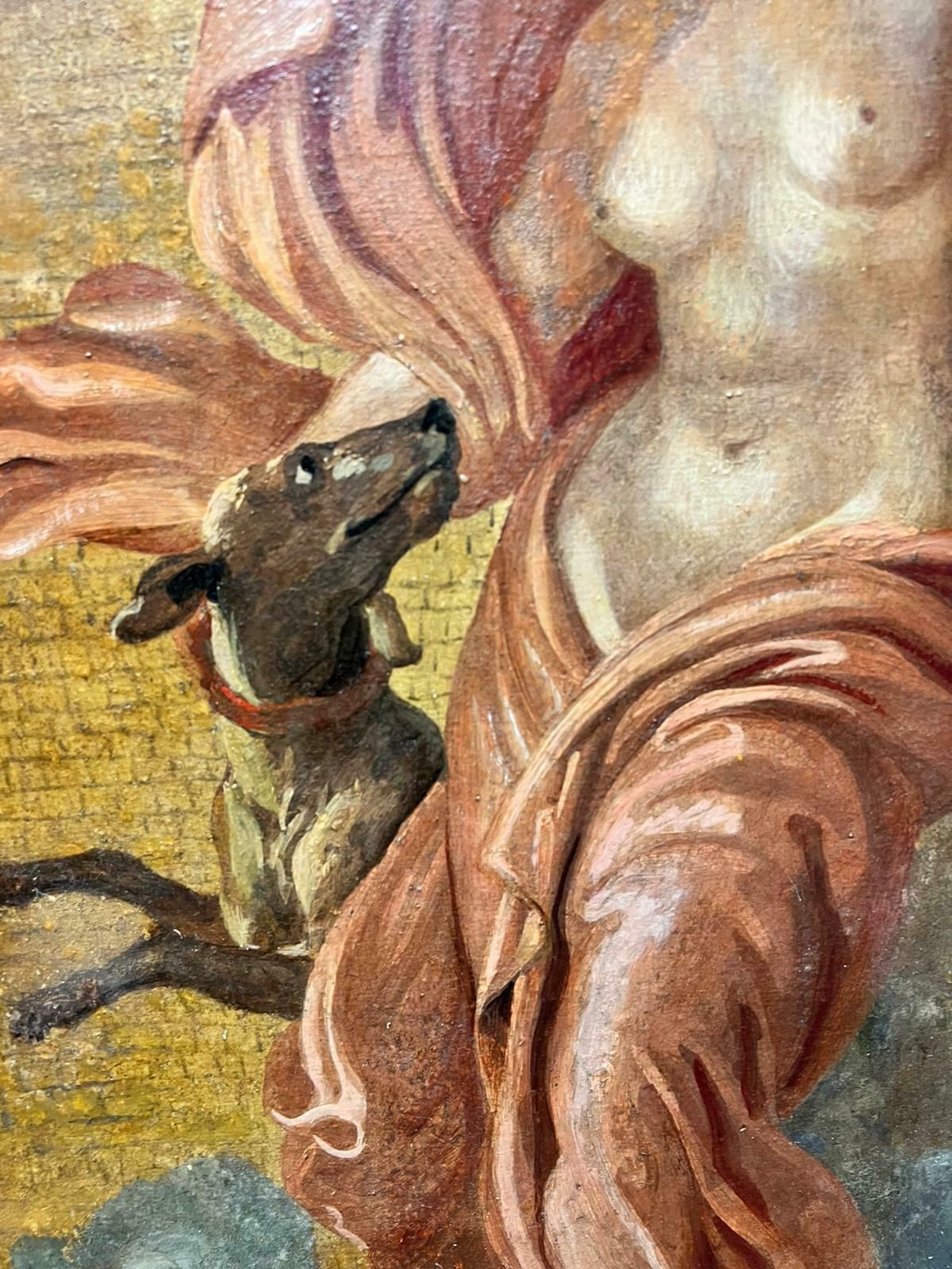 Italian 19th Cfine Antique Classical Nude Draped In Robes Dancing With Dog Gold Background photo vinterior