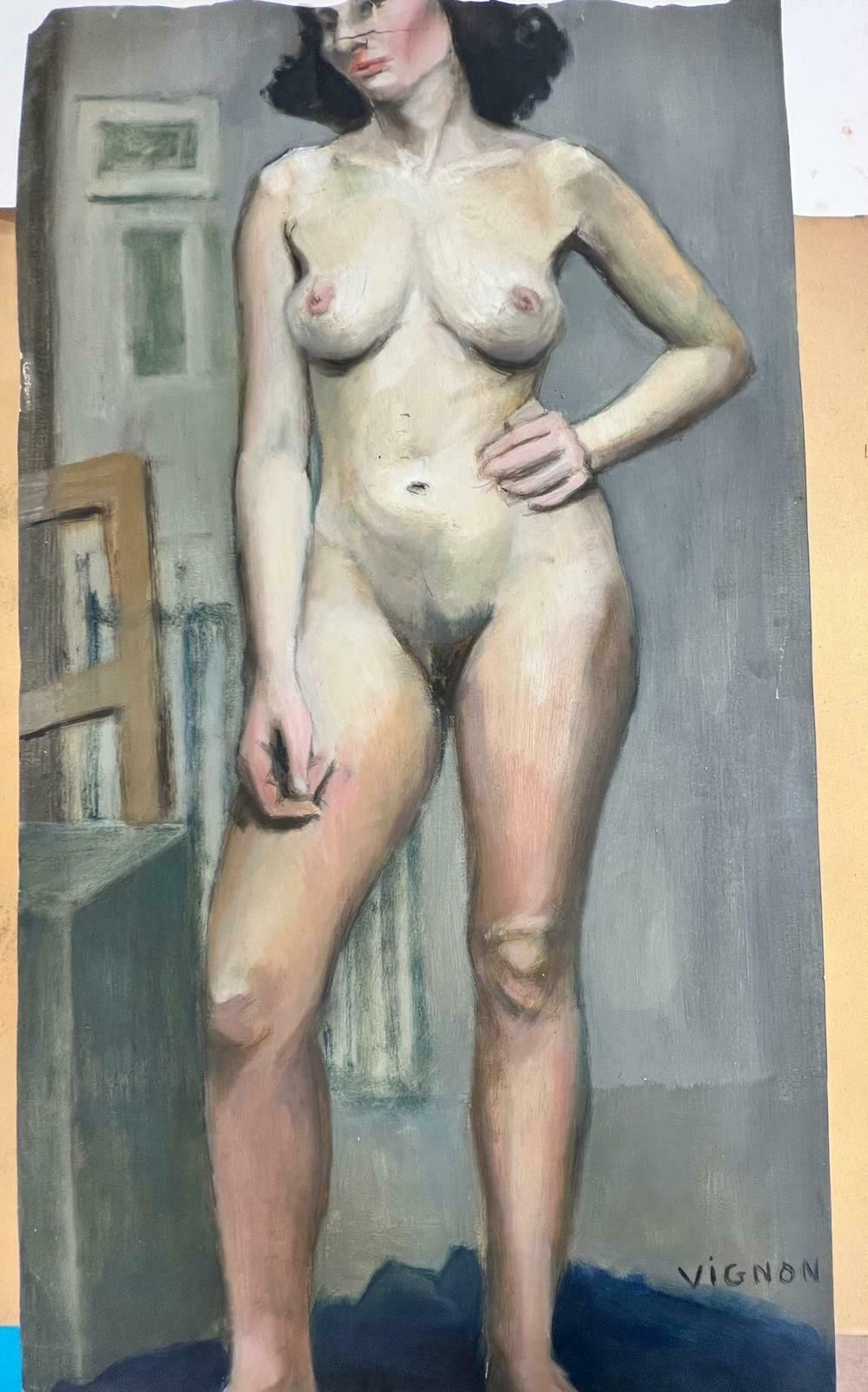 Josine Vignonmid Century French Nude Painting Of A Lady Stood Posed 1960's photo furniture