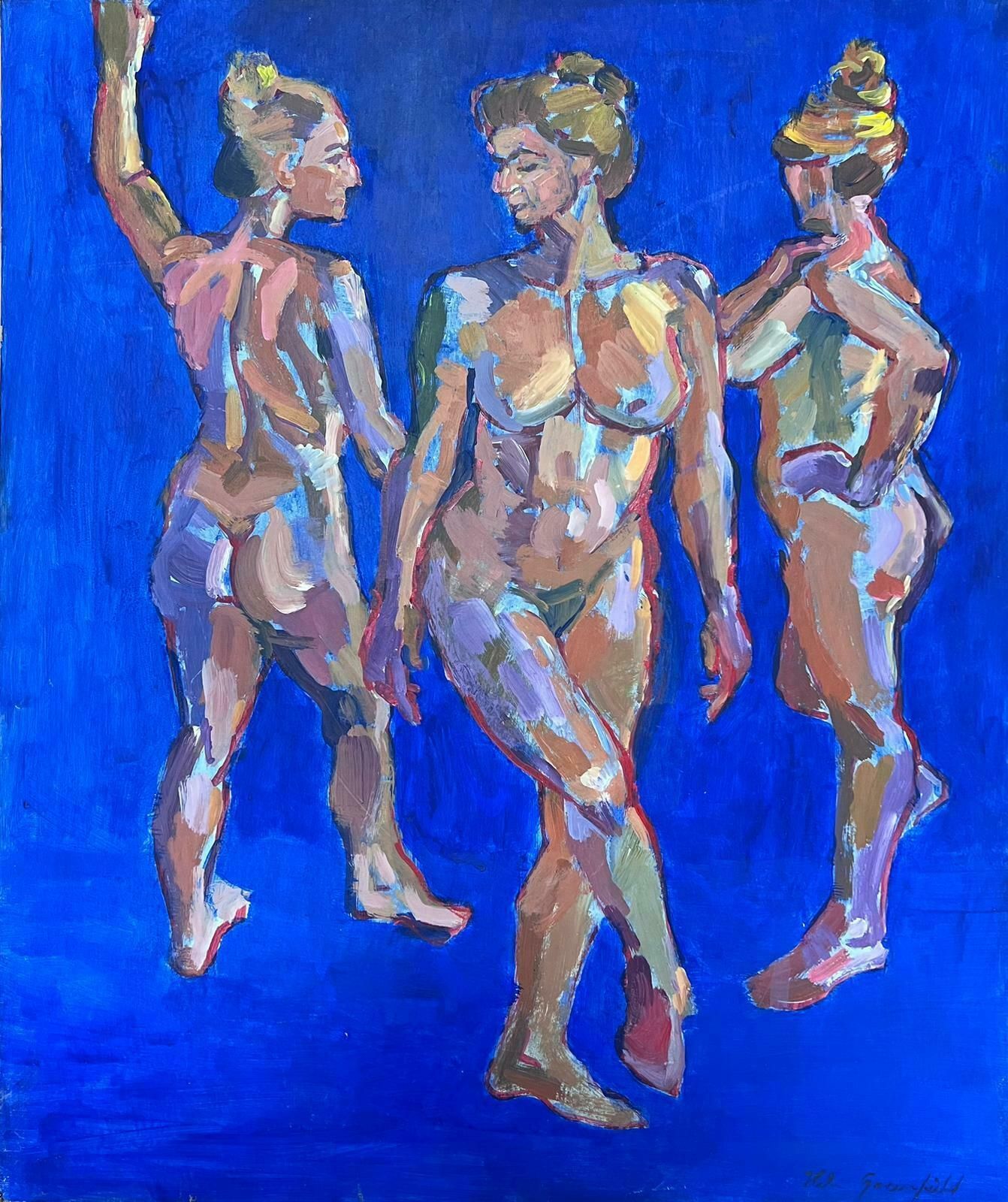 Helen Greenfieldthree Nude Ladies Large British Modernist Contemporary Oil Painting photo furniture