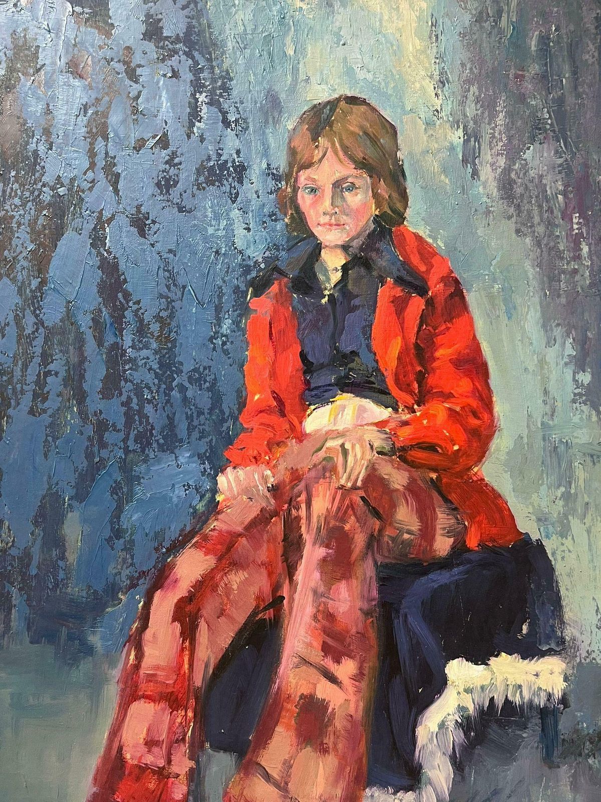Helen Greenfieldmodern British Portrait Of Lady In Red Coat Tartan Trousers 20th Century Oil photo furniture