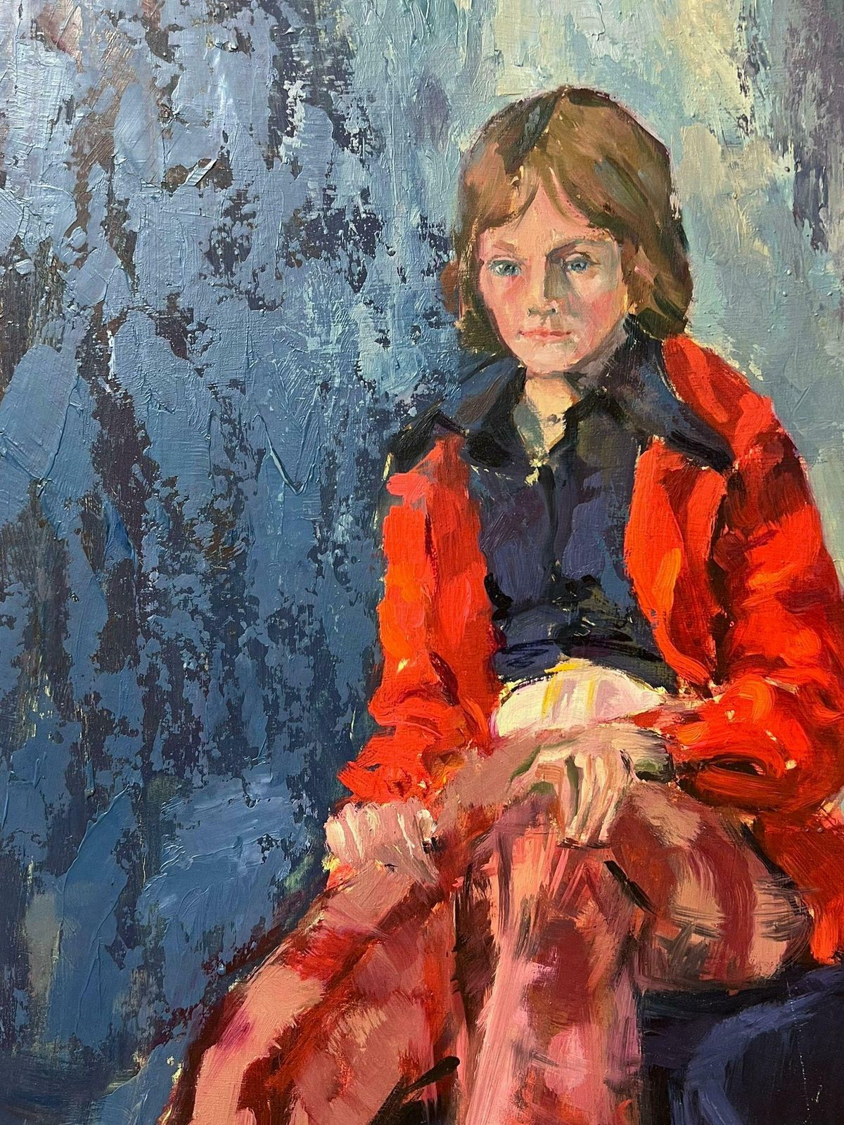 Helen Greenfieldmodern British Portrait Of Lady In Red Coat Tartan Trousers 20th Century Oil photo vinterior