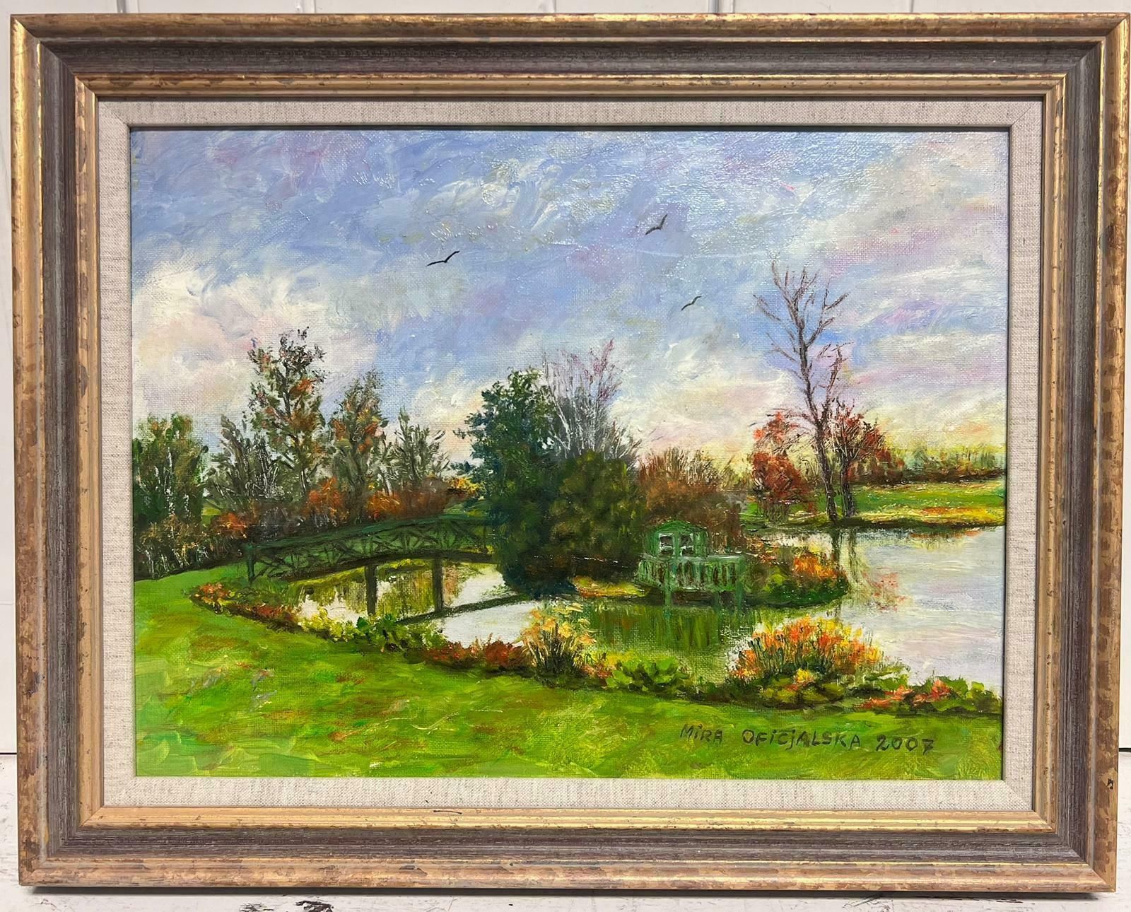 Hungarian Impressionistgarden Lake Landscape With Bridge Over Water Signed Impressionist Oil Painting