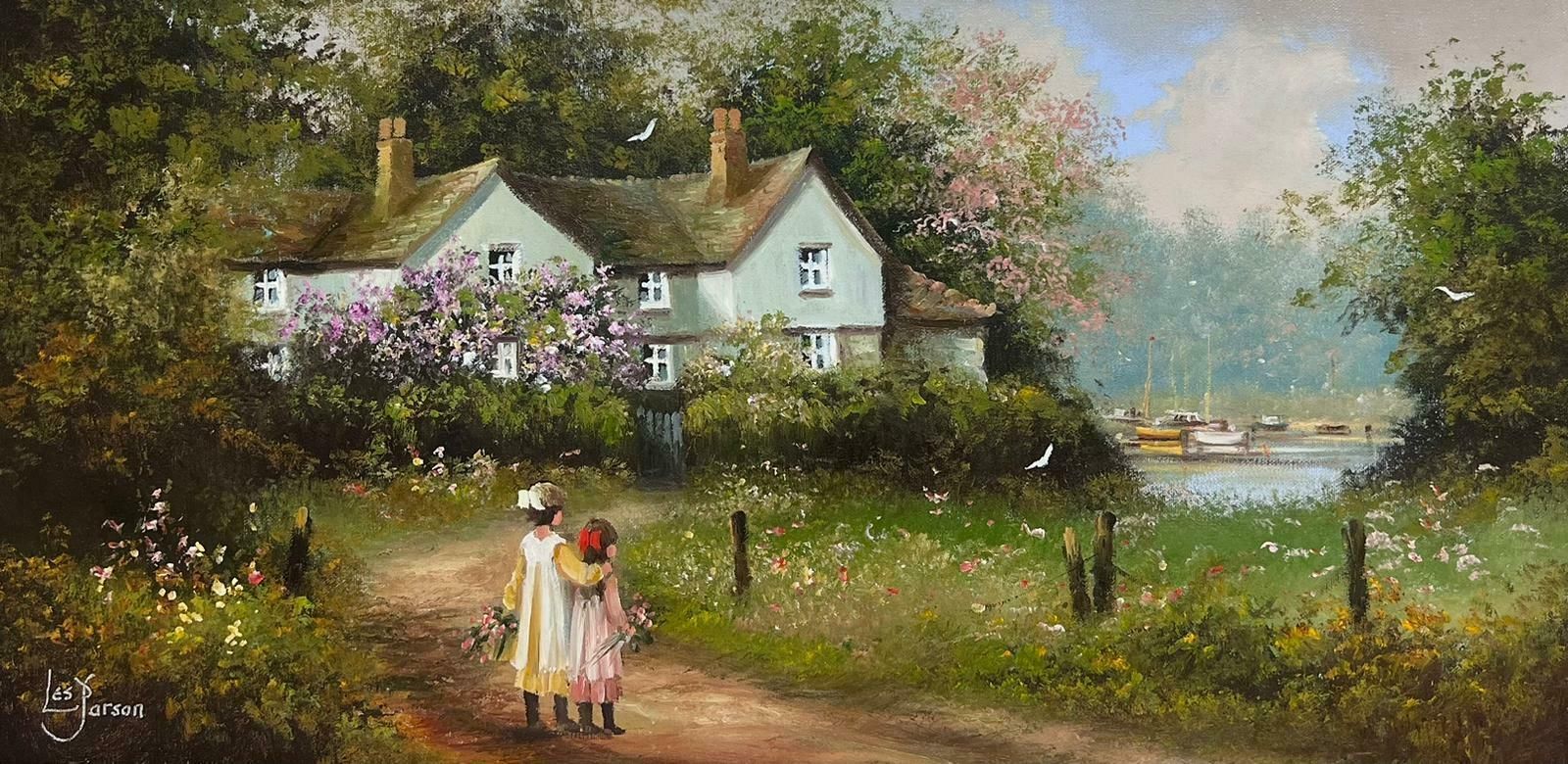 Les Parsonstraditional English Signed Oil Painting Children In Cottage Flower Garden