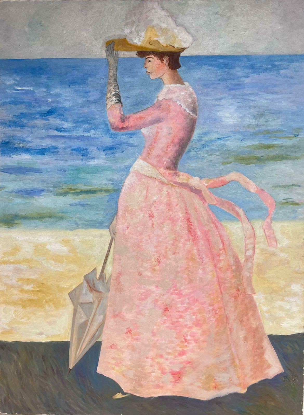 French School Portrait Of Elegant Lady In Pink Dress With Parasol By Beach Original French Oil photo for sale