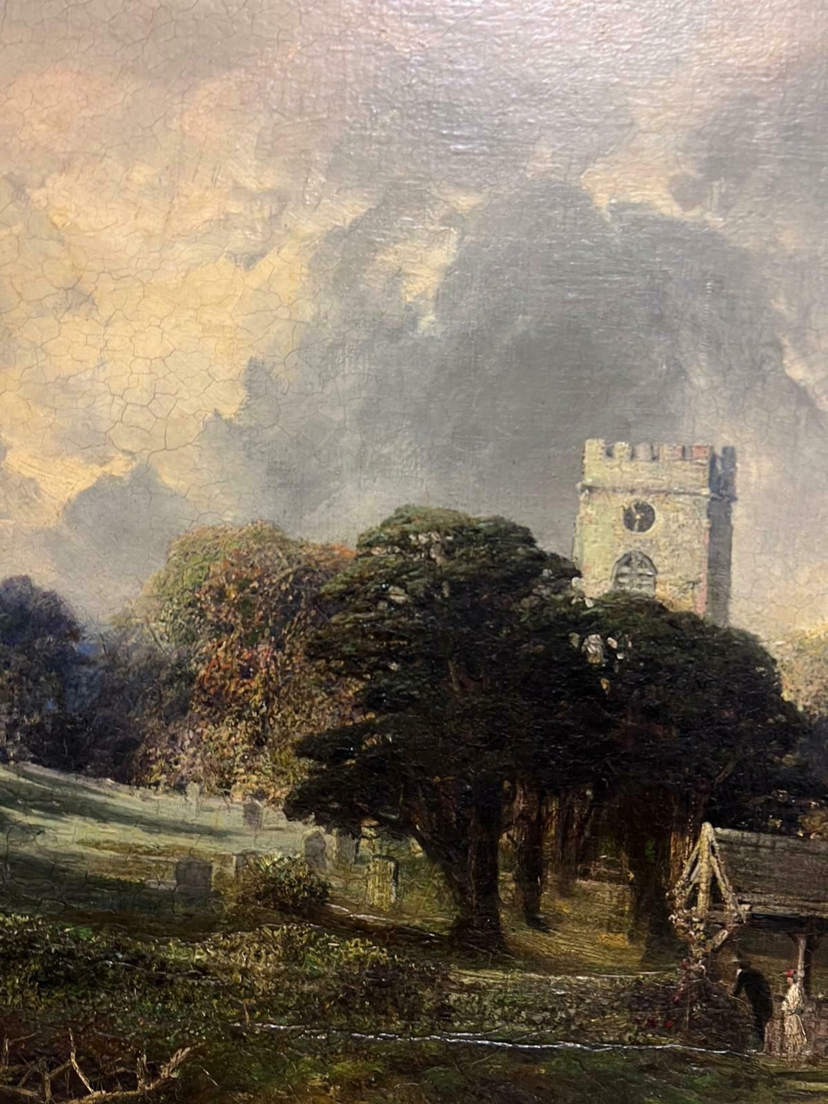 James Muddfine Large Victorian Signed English Oil Figures Entering Country Churchyard 1889 photo for sale