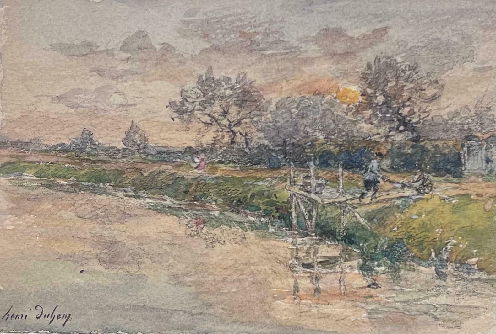 Henri Aime Duhemfine Antique French Impressionist Painting Figure Working By Riverbank