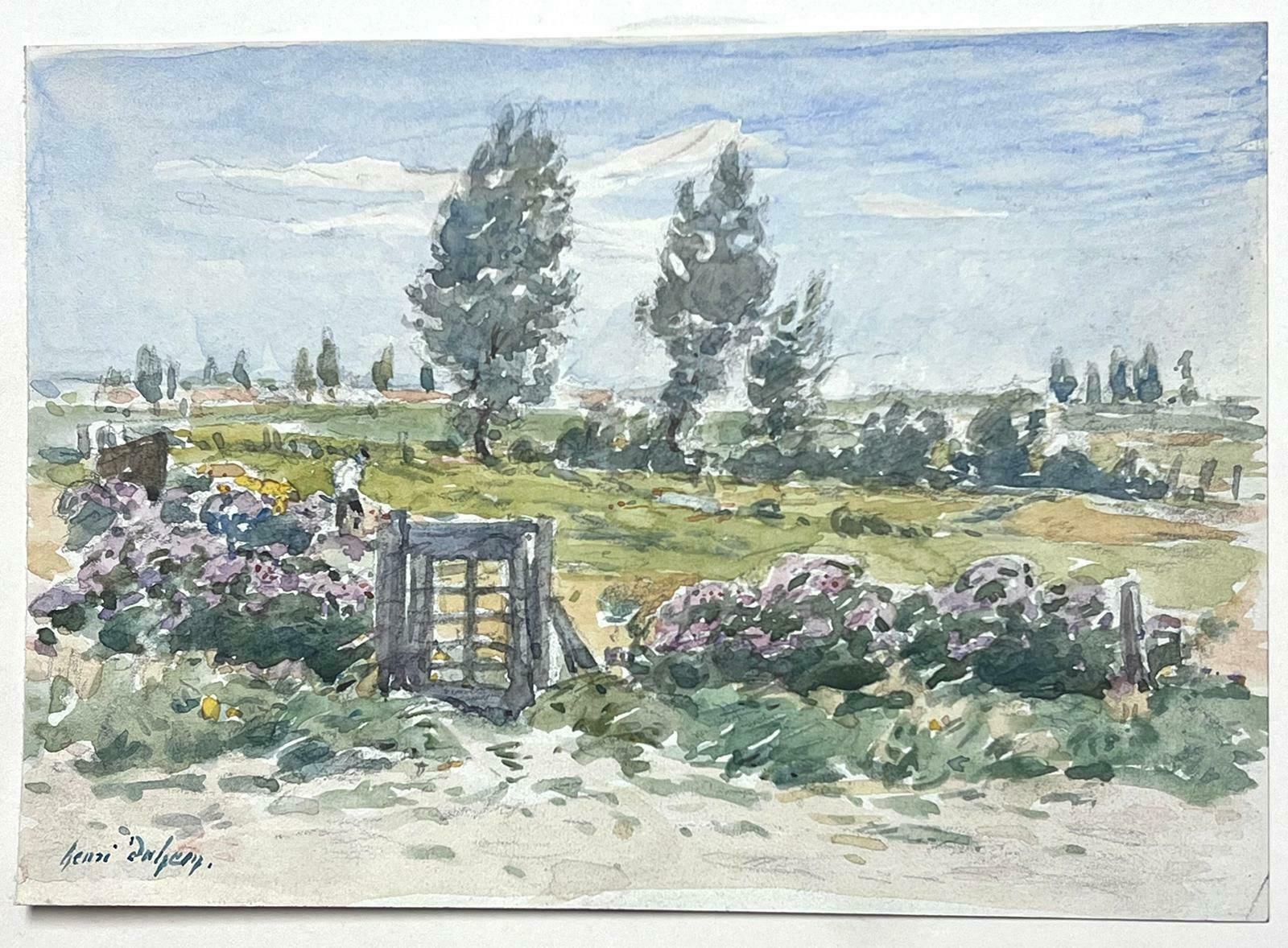 Henri Aime Duhemfine Antique French Impressionist Painting Country Landscape With Figure & Gate photo for sale