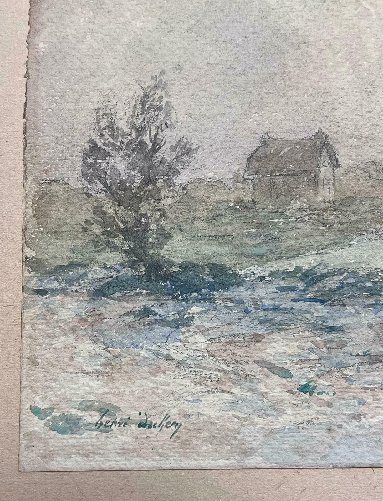 Henri Aime Duhemfine Antique French Impressionist Winter Country Landscape House In Distance photo for sale