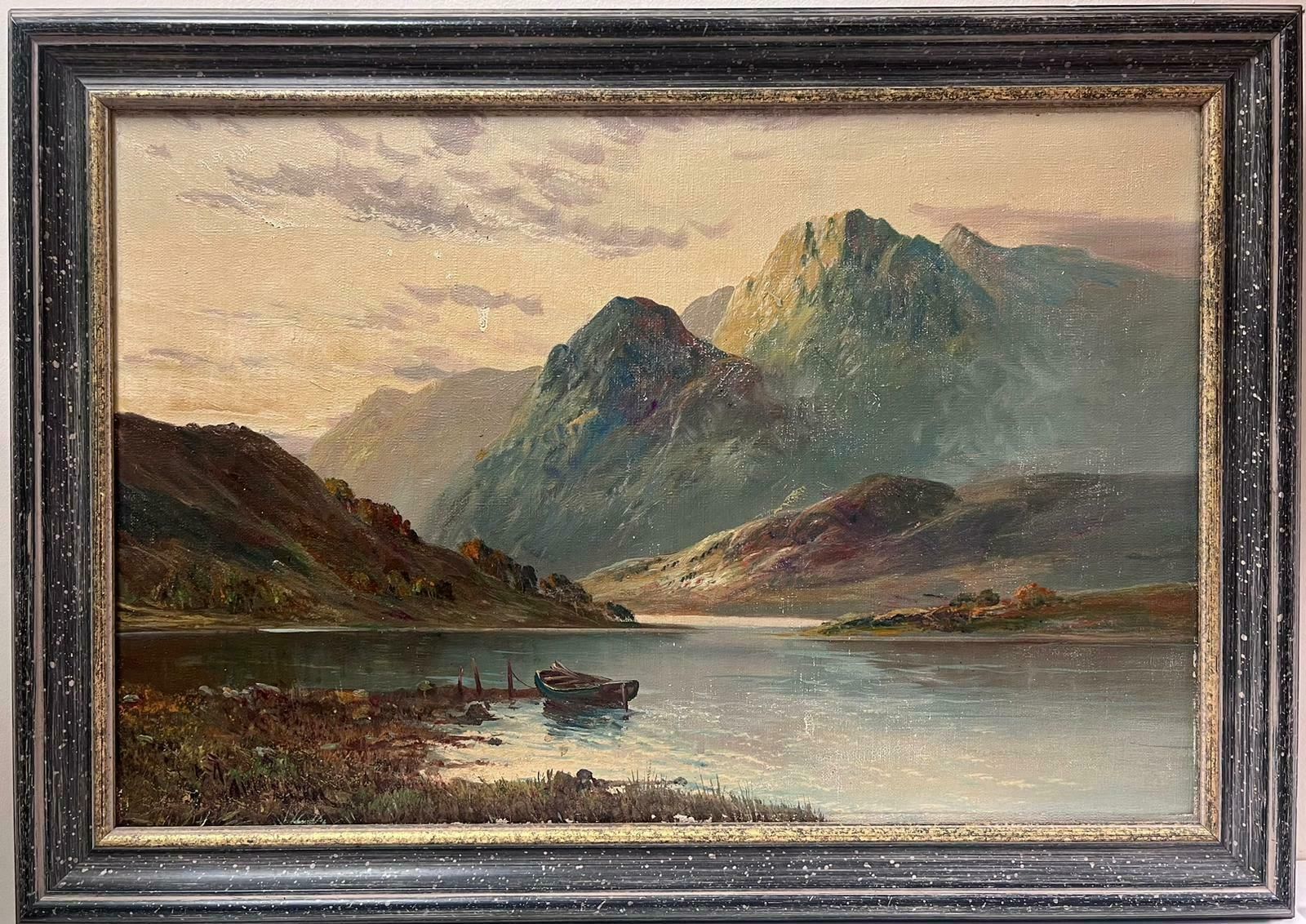 Francis E. Jamiesondusk In The Scottish Highlands Antique Signed Oil Painting Boat In Loch Scene photo for sale
