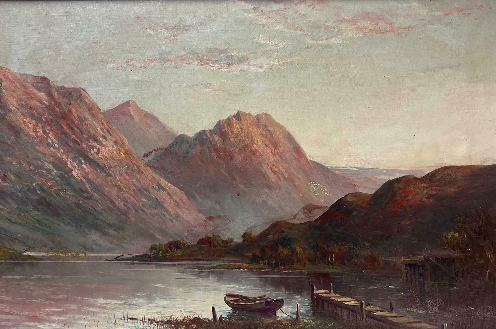 Francis E. Jamiesonsunset Over Scottish Highland Loch Rowing Boat By Jetty Signed Antique Oil