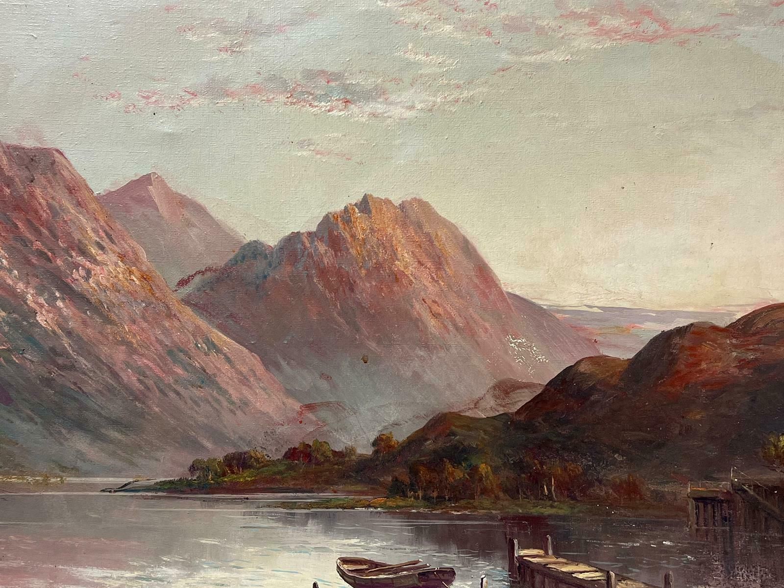 Francis E. Jamiesonsunset Over Scottish Highland Loch Rowing Boat By Jetty Signed Antique Oil photo for sale