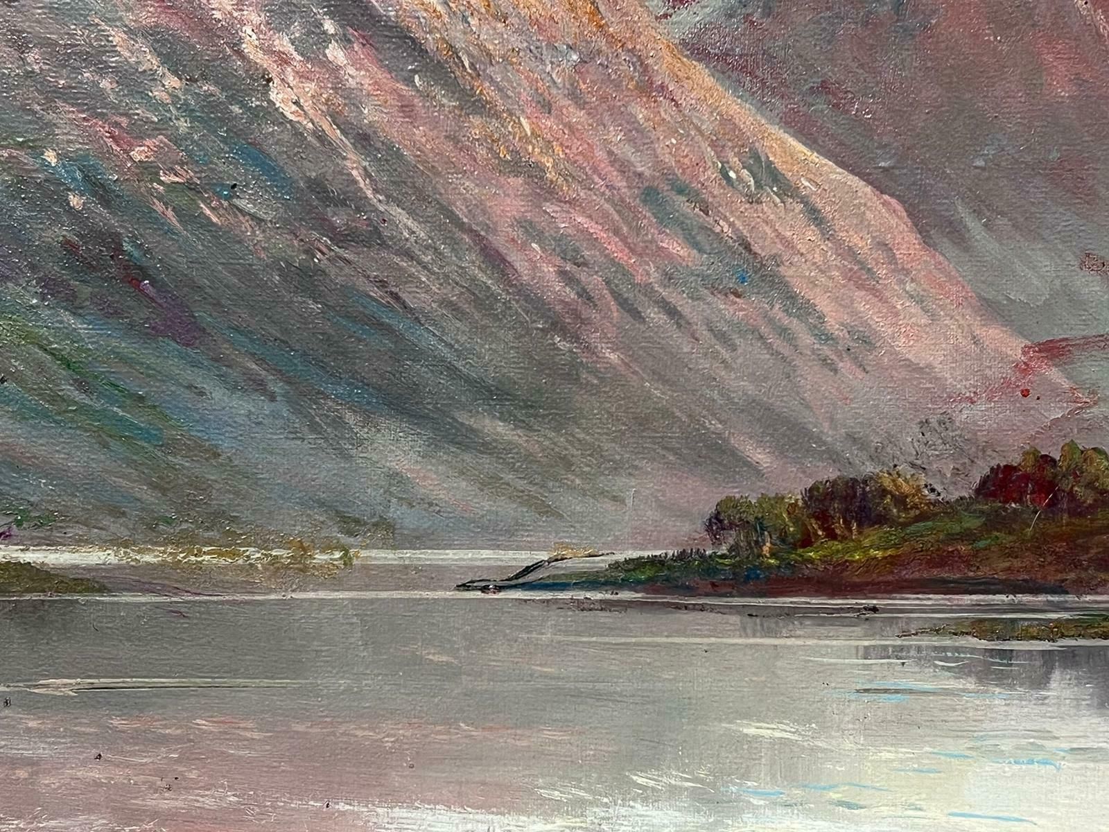 Francis E. Jamiesonsunset Over Scottish Highland Loch Rowing Boat By Jetty Signed Antique Oil photo Art
