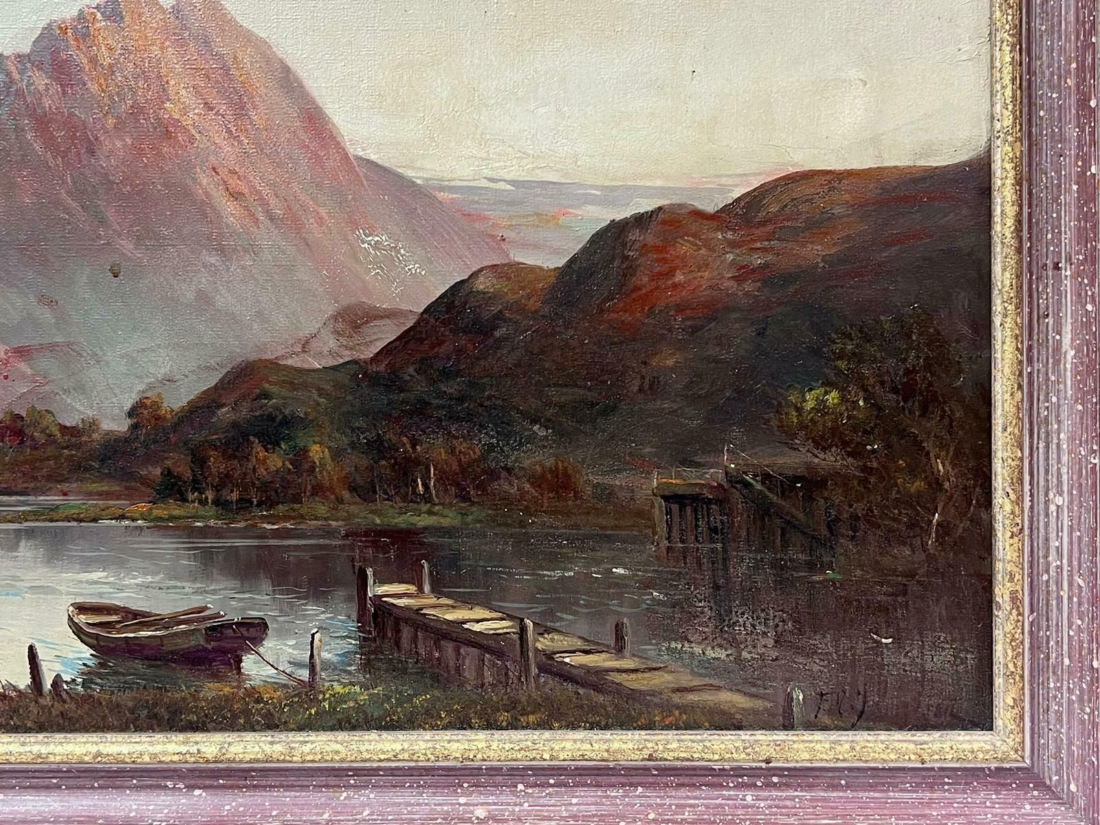 Francis E. Jamiesonsunset Over Scottish Highland Loch Rowing Boat By Jetty Signed Antique Oil photo vinterior