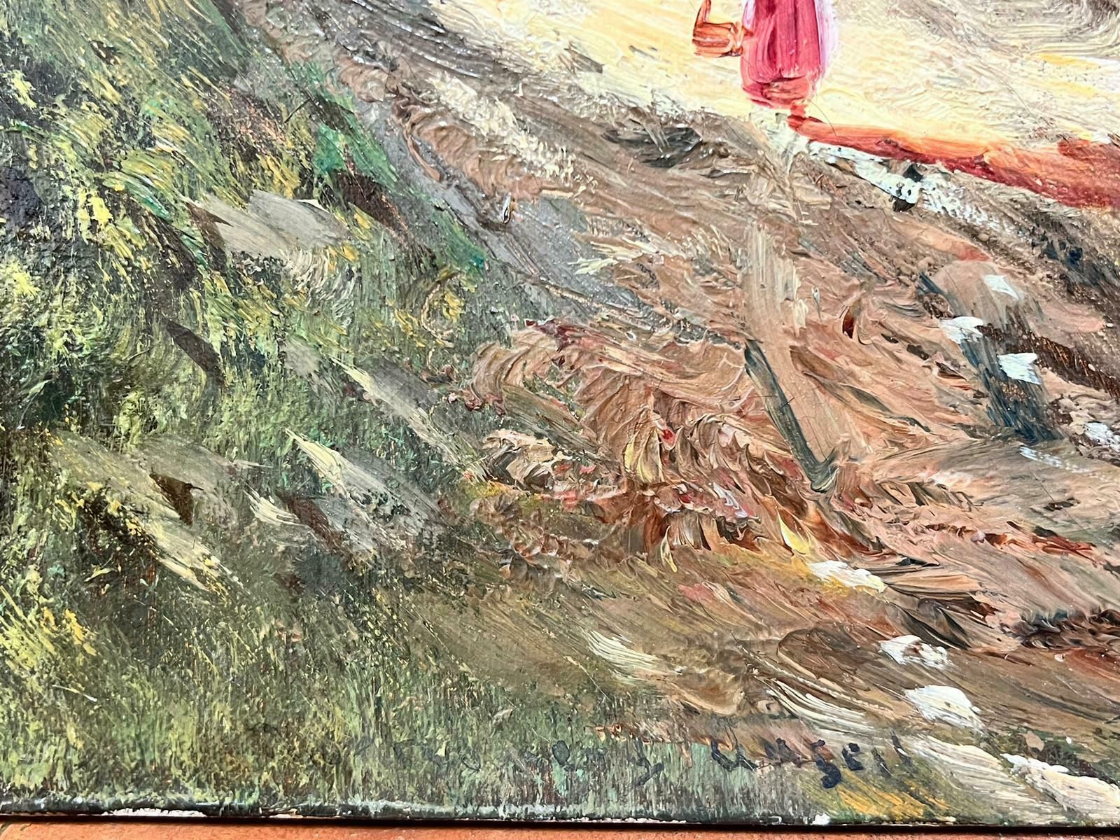 Francis E. Jamiesonantique Scottish Oil Painting Highland Loch Lady By Cottage Mountains photo for sale