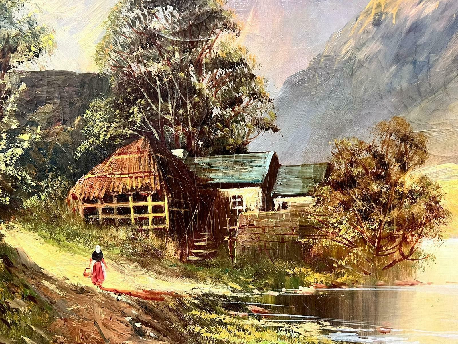 Francis E. Jamiesonantique Scottish Oil Painting Highland Loch Lady By Cottage Mountains photo vinterior