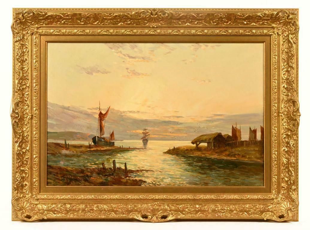 Francis E. Jamiesonantique Scottish Oil Painting   Beautiful Sunrise Coastal Harbour With Boats