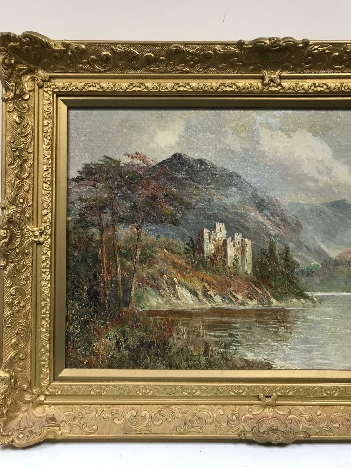 Francis E. Jamiesonantique Scottish Oil Painting Ancient Castle Standing On Loch Waters, Signed photo for sale