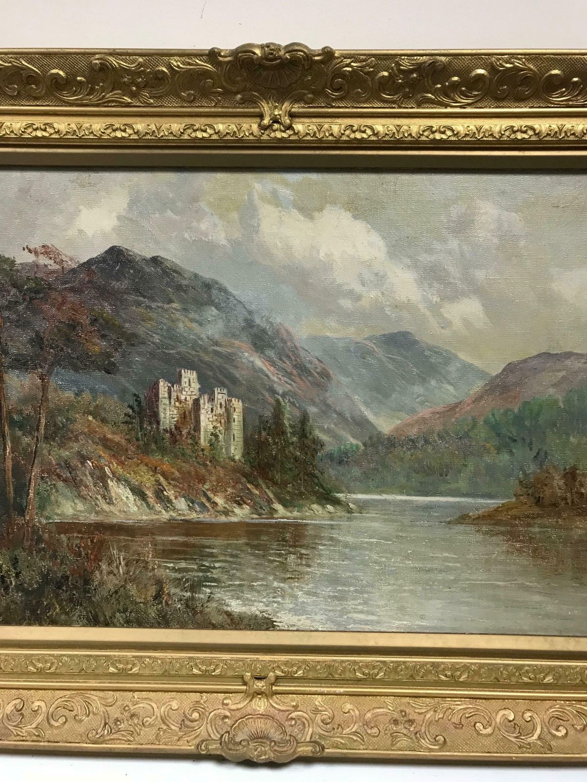 Francis E. Jamiesonantique Scottish Oil Painting Ancient Castle Standing On Loch Waters, Signed photo Art