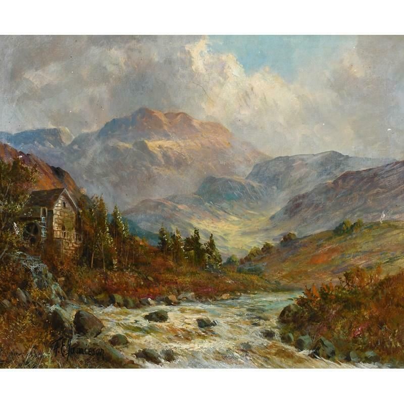 Francis E. Jamieson Scottish Highlands Mountainous River Landscape With A Watermill, Signed Oil