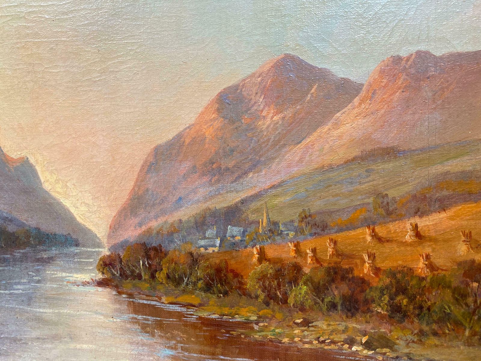 Francis E. Jamiesonantique Scottish Highlands Oil Painting Golden Harvest Field By The River Bankc.1930's photo for sale