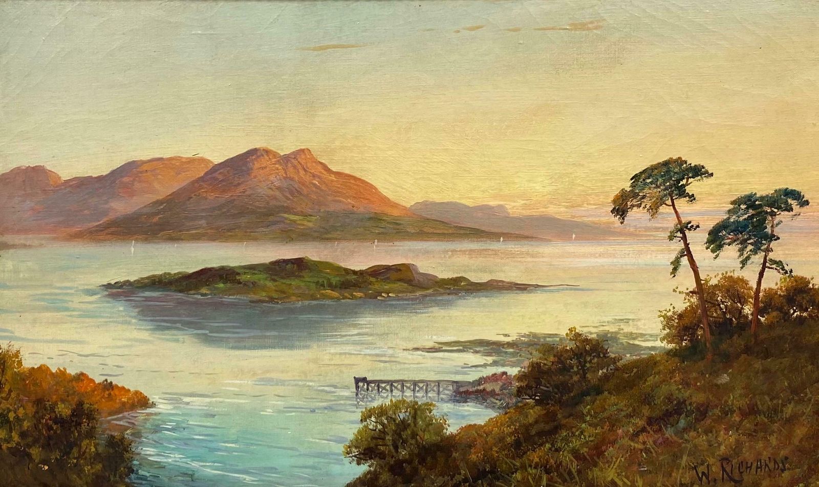 Francis E. Jamiesonantique Scottish Highlands Oil Painting Sunset Over Loch Lomond, Lussc.1930's